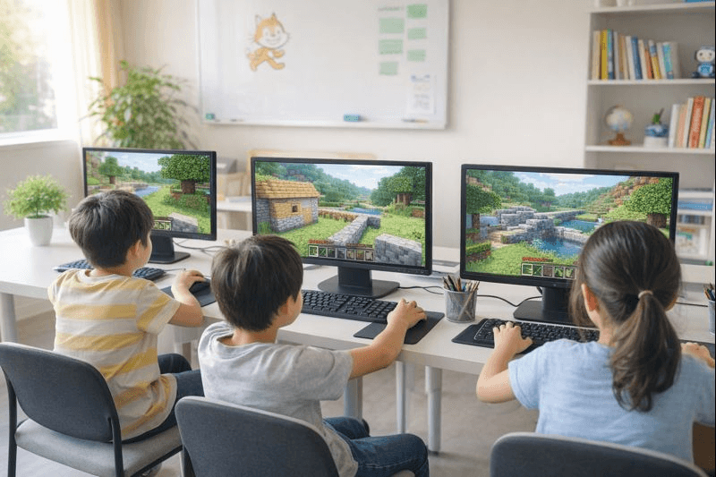 教室でマイクラを学ぶ子どもたちの後ろ姿